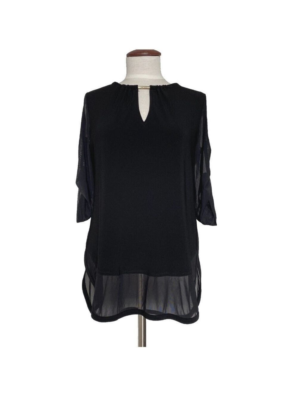Joseph Ribkoff Tunic Top Sz 8 Black Keyhole Neck Roll Tab Sleeve Mesh Trim